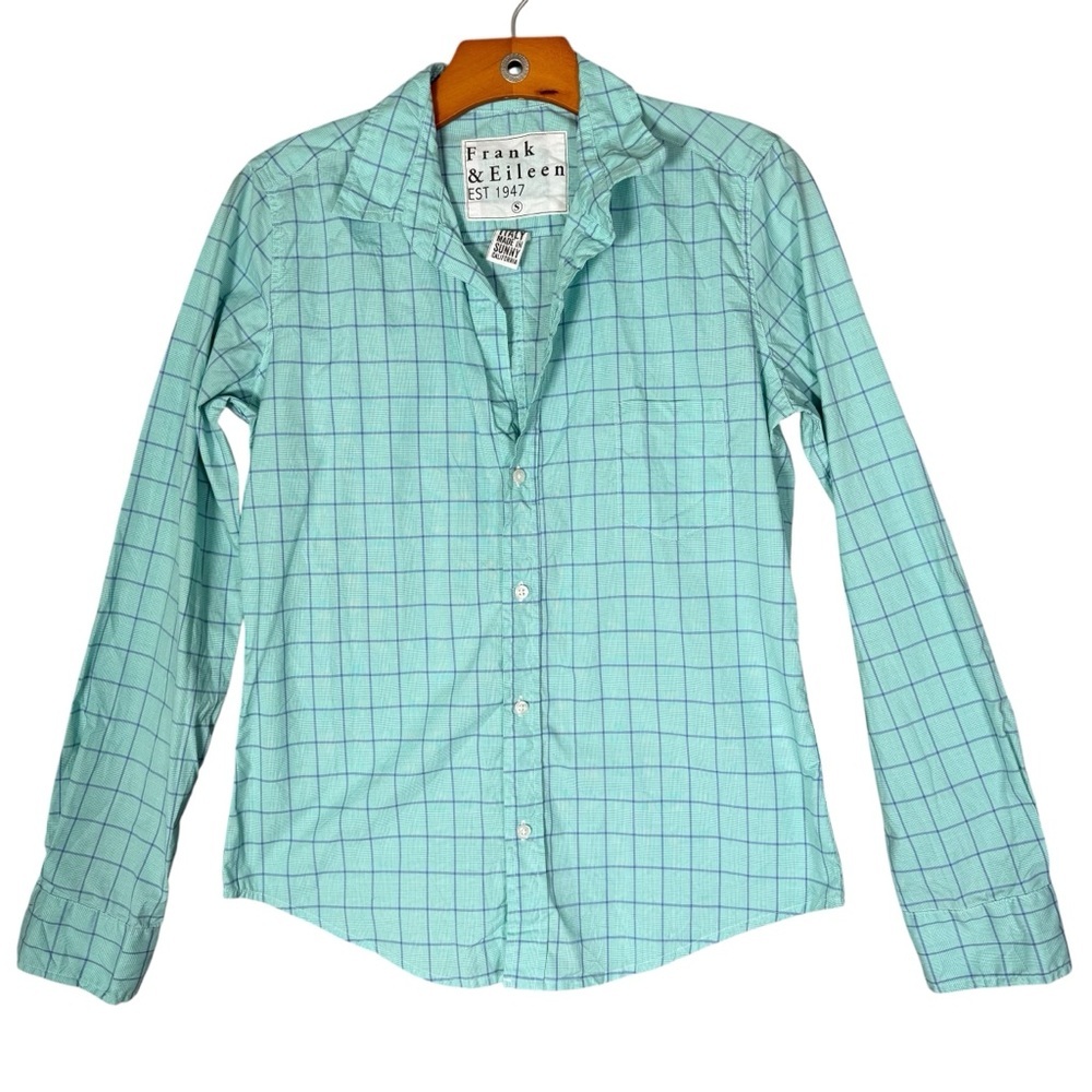 Frank & Eileen Barry Button Down Shirt Cyan Blue Plaid Crinkle Top 100% Cotton S